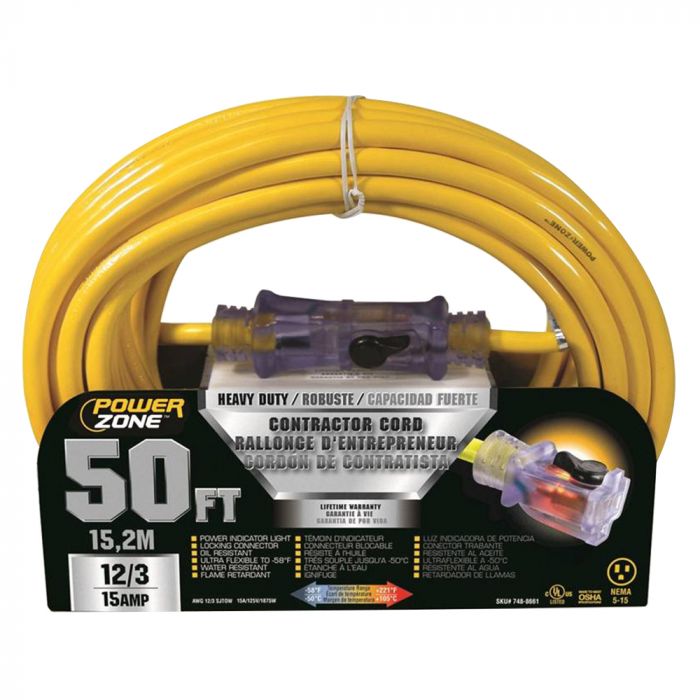 Powerzone ORP511830 Pro SJTOW 50' x 12/3 Extension Cord with Lighted  Locking Connector
