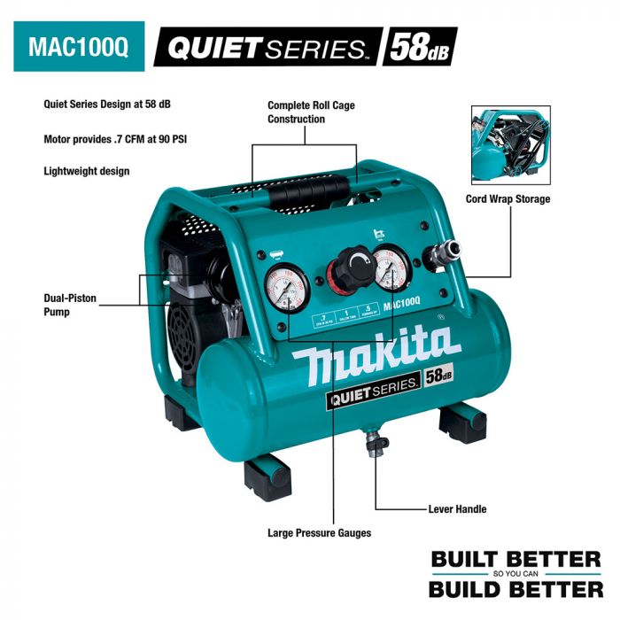 værdi Michelangelo sikkert Makita MAC100Q Quiet Series 1/2 Horsepower 1 Gallon Compact Oil‑Free  Electric Air Compressor | burnstools.com