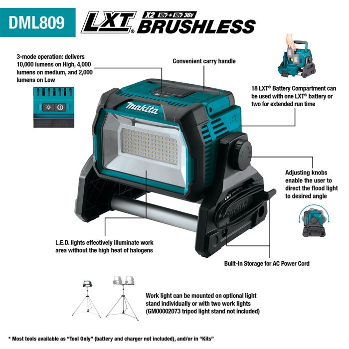 Makita DML809 LXT 18V X2 Lithium Ion Cordless and Corded Work Light Bare Tool