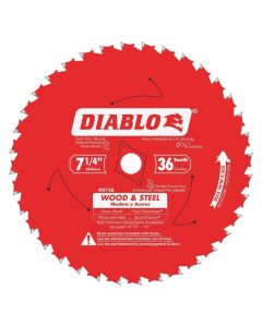 Freud Diablo D0736GPX 7-1/4" x 36T Carbide Tipped Metal Cutting Circular Saw Blade for Wood & Metal 